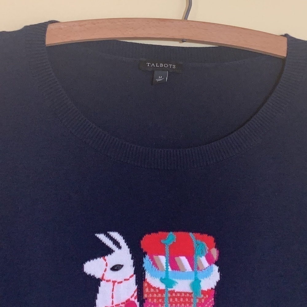 Talbots | Blue Llama Embroidered Pom Pom 3 D Knit Pullover Fun Sweater M - Picture 5 of 17